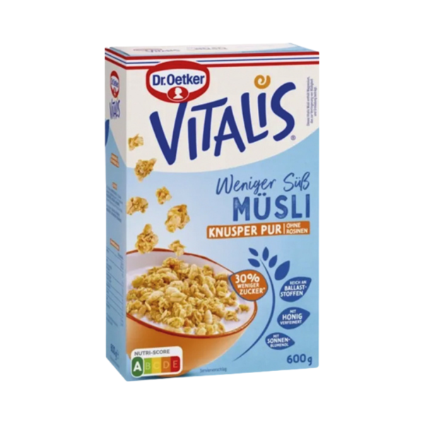 Dr. Oetker Vitalis Weniger süß Knusper Pur Müsli, ohne Rosinen, 600 Gramm Packung